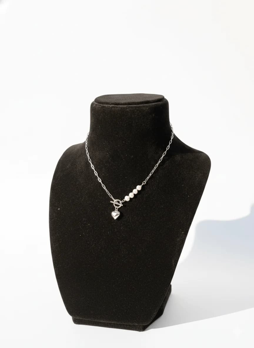 Silver Chain Necklace with a Heart Pendant and Pearls